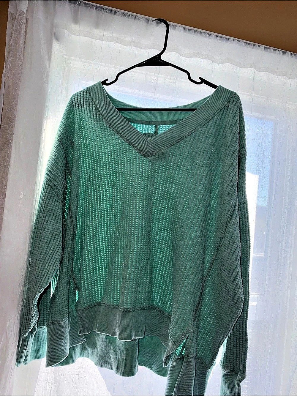 Green Textured V-Neck Top